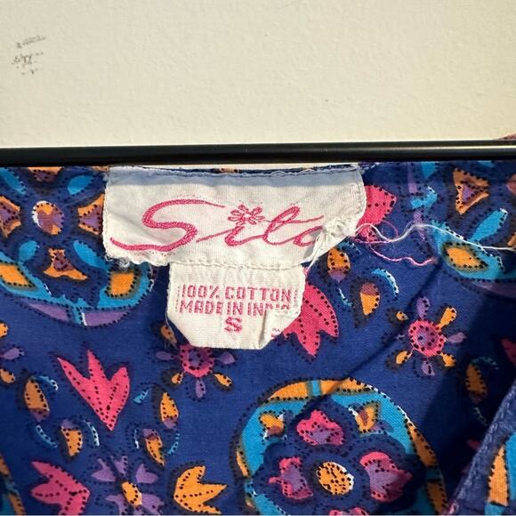 Vintage Blue Pink Cotton Block Printed House Maxi Dress Muumuu Small - Picture 12 of 12